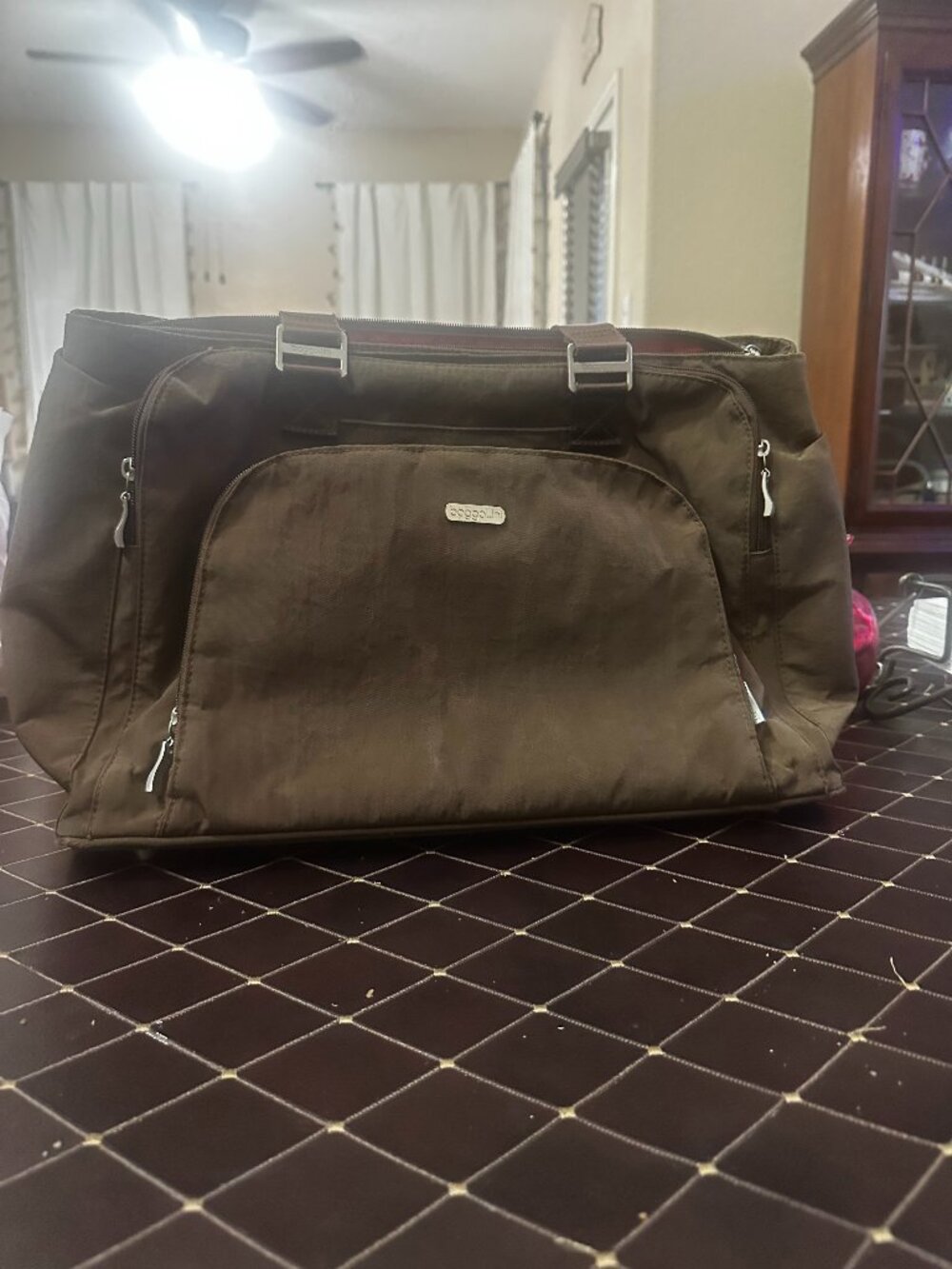 Baggallini Large Travel Tote Weekender Bag Brown Nylon Red Interior Lightweight